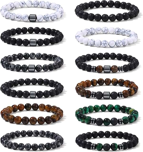 12-Piece Tiger Eye Stone Beaded Bracelets for Men and Women