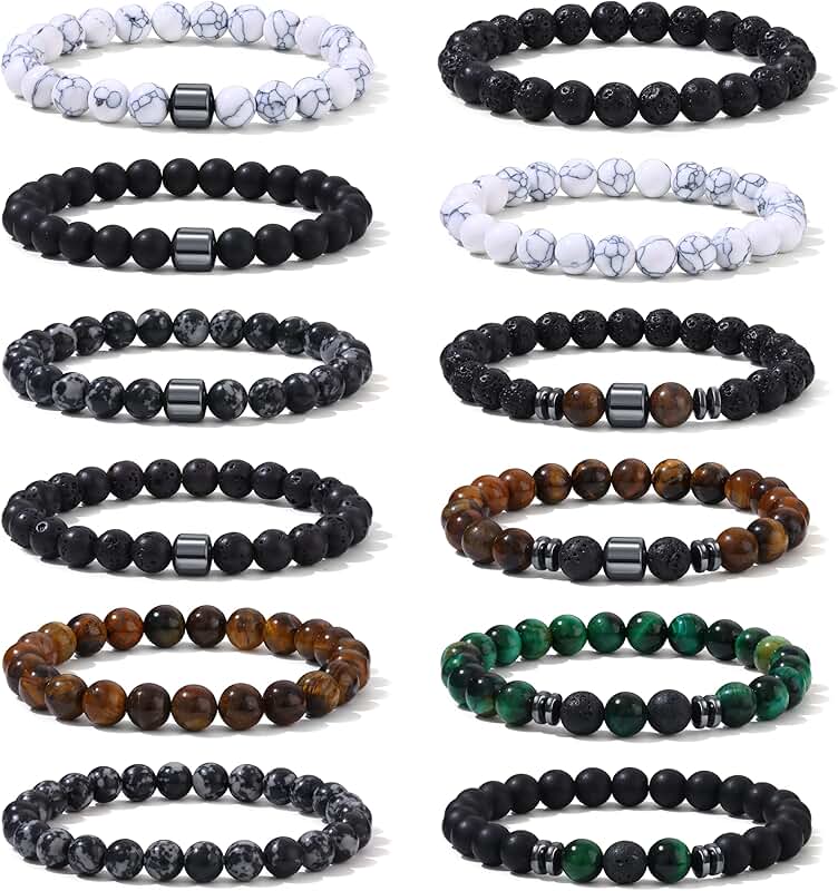 12-Piece Tiger Eye Stone Beaded Bracelets for Men and Women