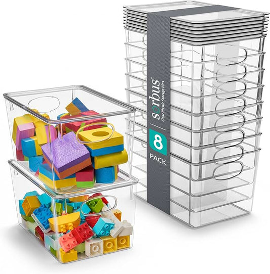 Slim Clear Plastic Storage Bins, Tall Narrow Organizer, 4-Pack