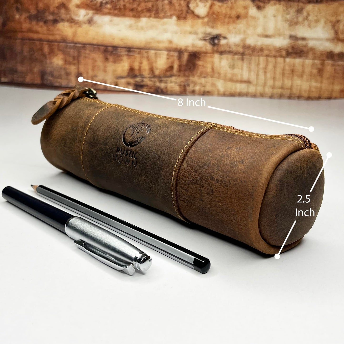Leather Pencil Case with Zipper in Brown