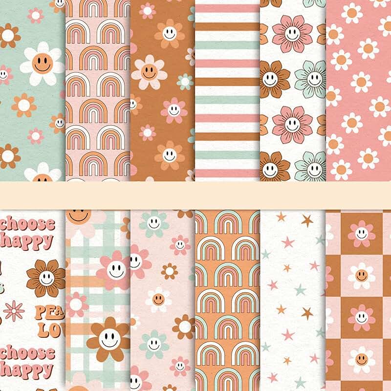 24 Pcs Colorful Boho Pattern Scrapbook Paper, 11.8 x 11.8 Inch