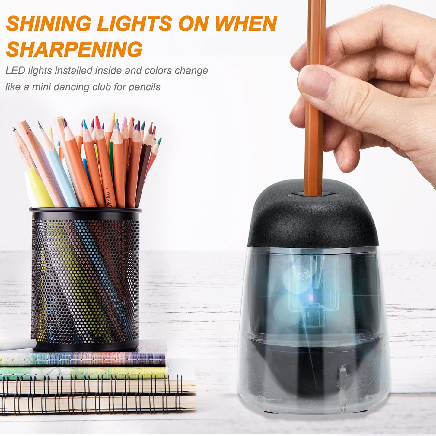 Battery-powered pencil sharpener with LED light