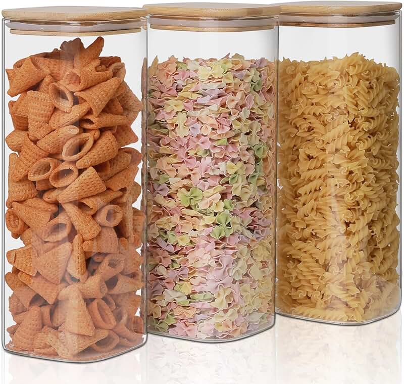 Set of 3 Clear Glass Food Storage Jars with Bamboo Lids