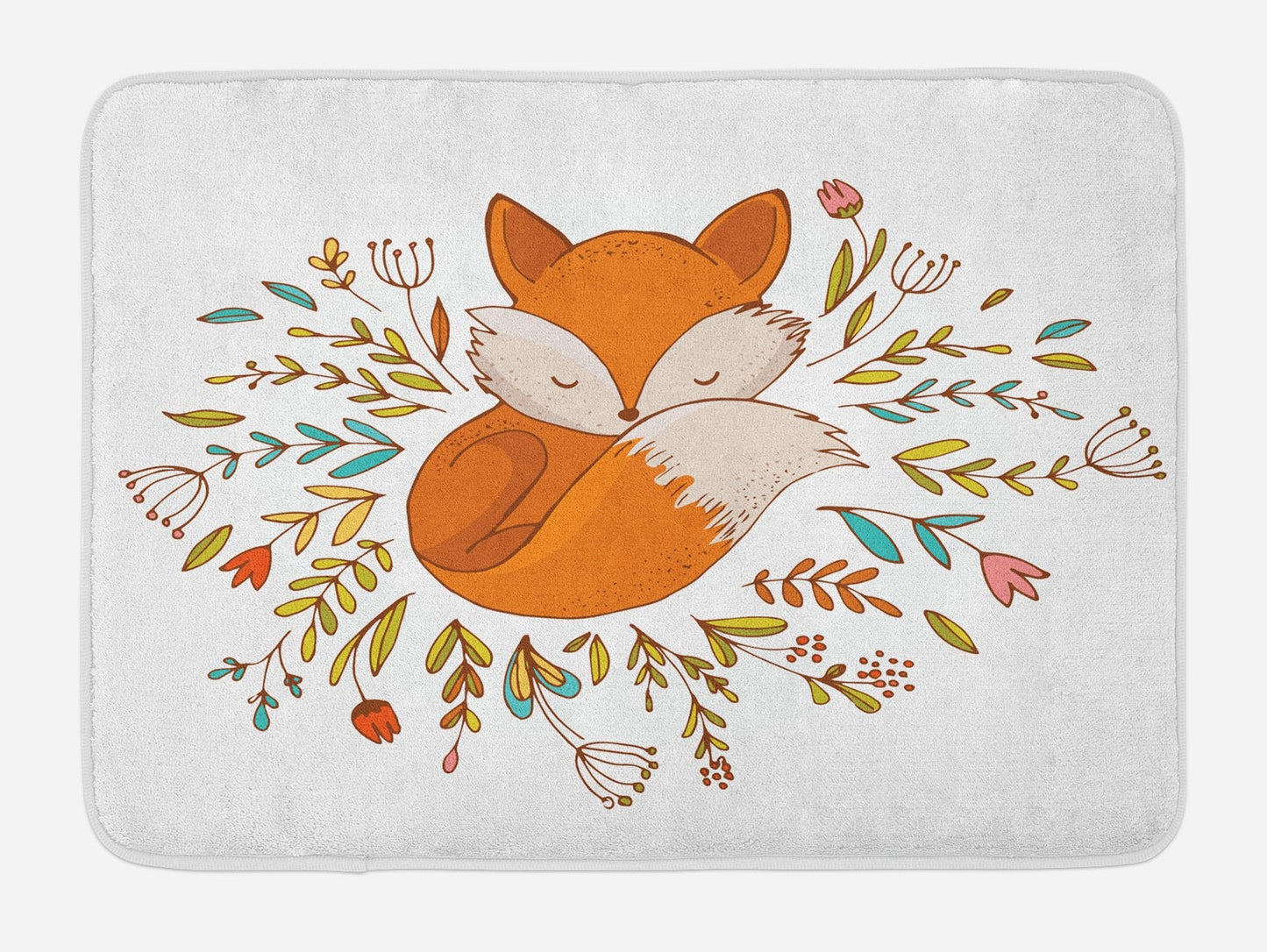 Cartoon Bath Mat, Baby Fox Sleeping in a Floral Made Bed Circle Art Print, Plush Bathroom Decor Mat with Non Backing, 29.5" X 17.5", Dark Orange