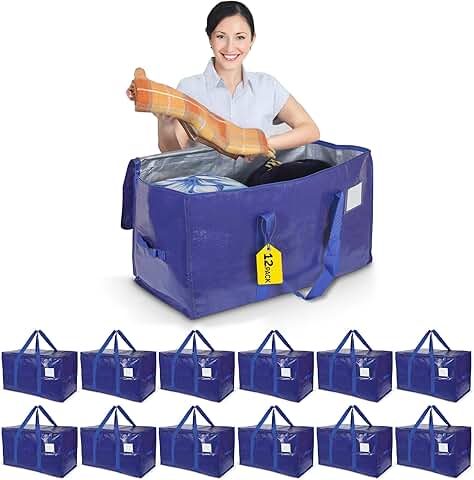Set of 12 large reusable moving bags with handles and pockets