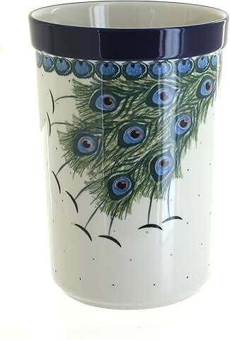Green Peacock Feather Utensil Jar, 7.75" x 5.5"