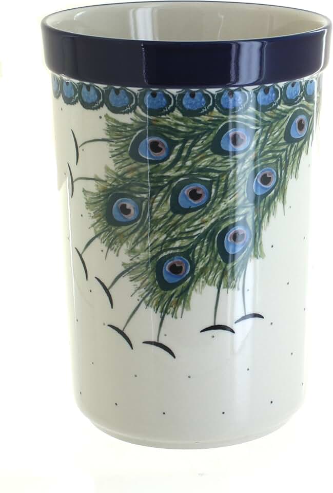 Green Peacock Feather Utensil Jar, 7.75" x 5.5"