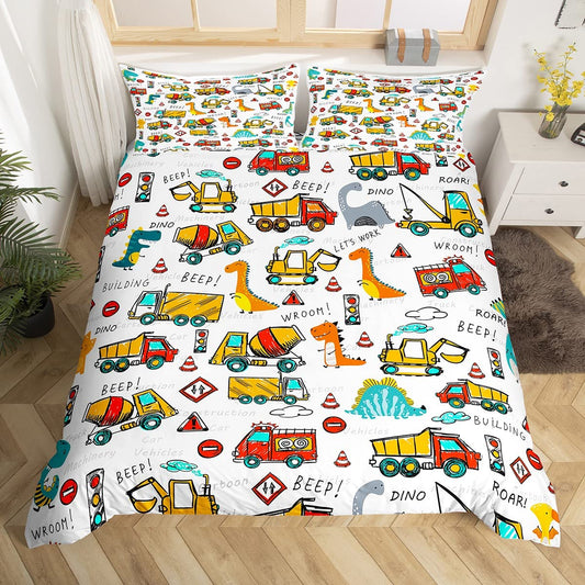 Dinosaur Bedding Duvet Cover Kids Cute Dino Construction Bedding Set Boys Girls Equipment Trucks Excavator Decor Comforter Cover Set Dinosaurs Machinery Cars Bedspread Cover White Bedroom Queen Size