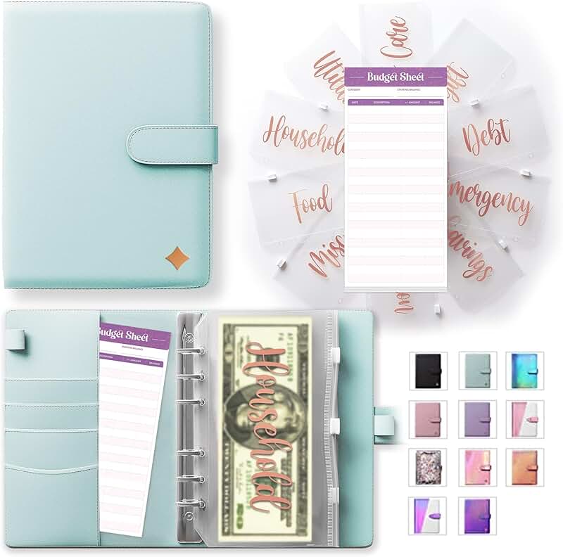 Blue Budget Binder with Zipper Envelopes for Cash