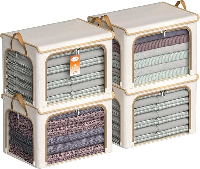 Set of four foldable fabric storage bins with lids