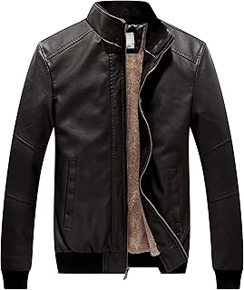 Men's Fleece-Lined Stand Collar Faux Leather Bomber Jacket