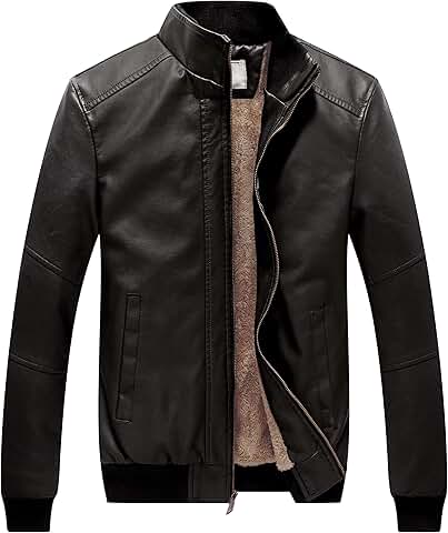 Men's Fleece-Lined Stand Collar Faux Leather Bomber Jacket