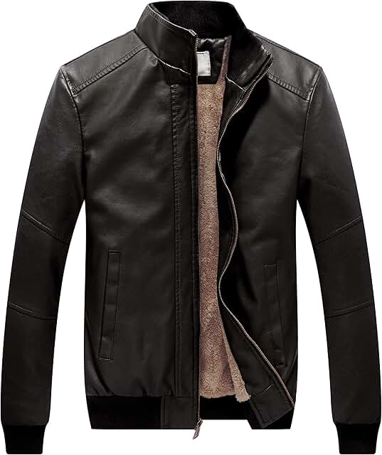 Men's Fleece-Lined Stand Collar Faux Leather Bomber Jacket