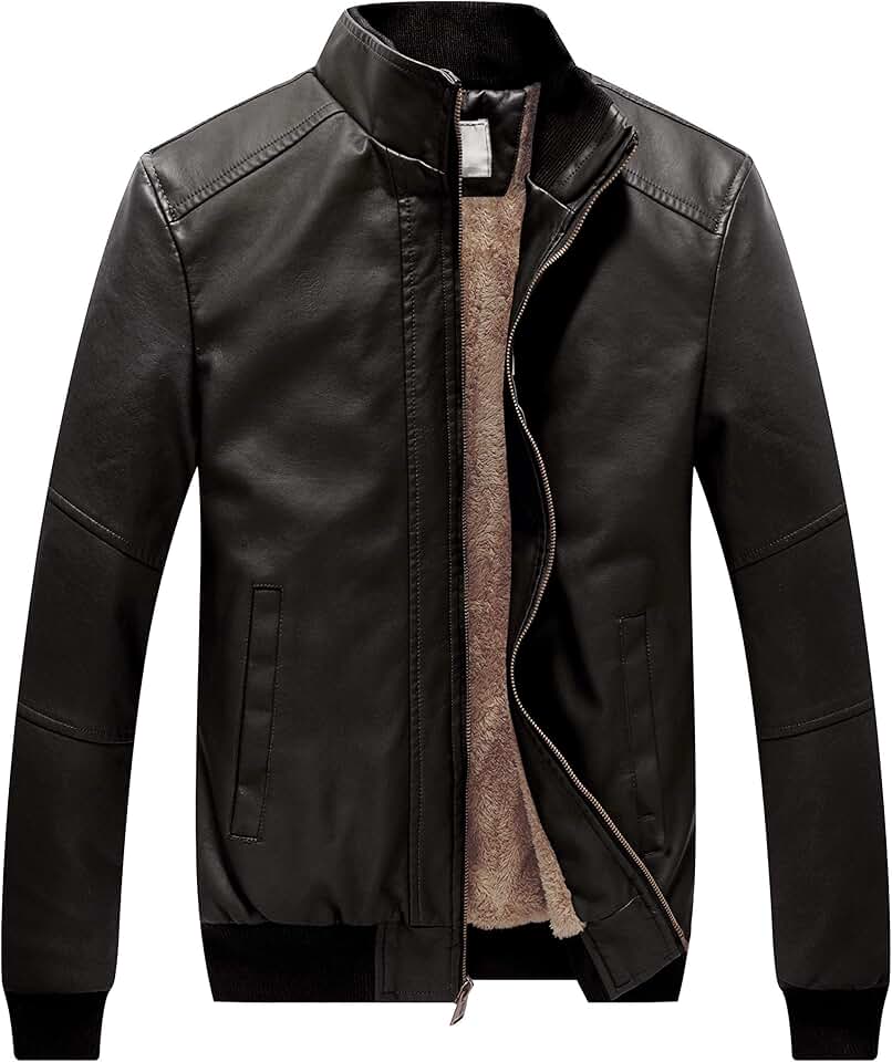 Men's Fleece-Lined Stand Collar Faux Leather Bomber Jacket