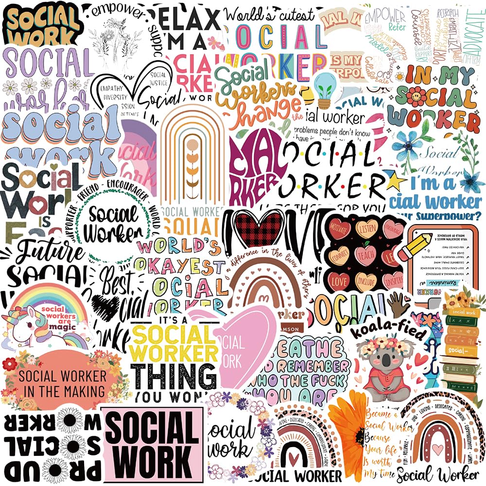 50 Colorful Social Worker Stickers for Water Bottles and Laptops