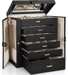 Large Lockable Leather Jewelry Box with Mirror
