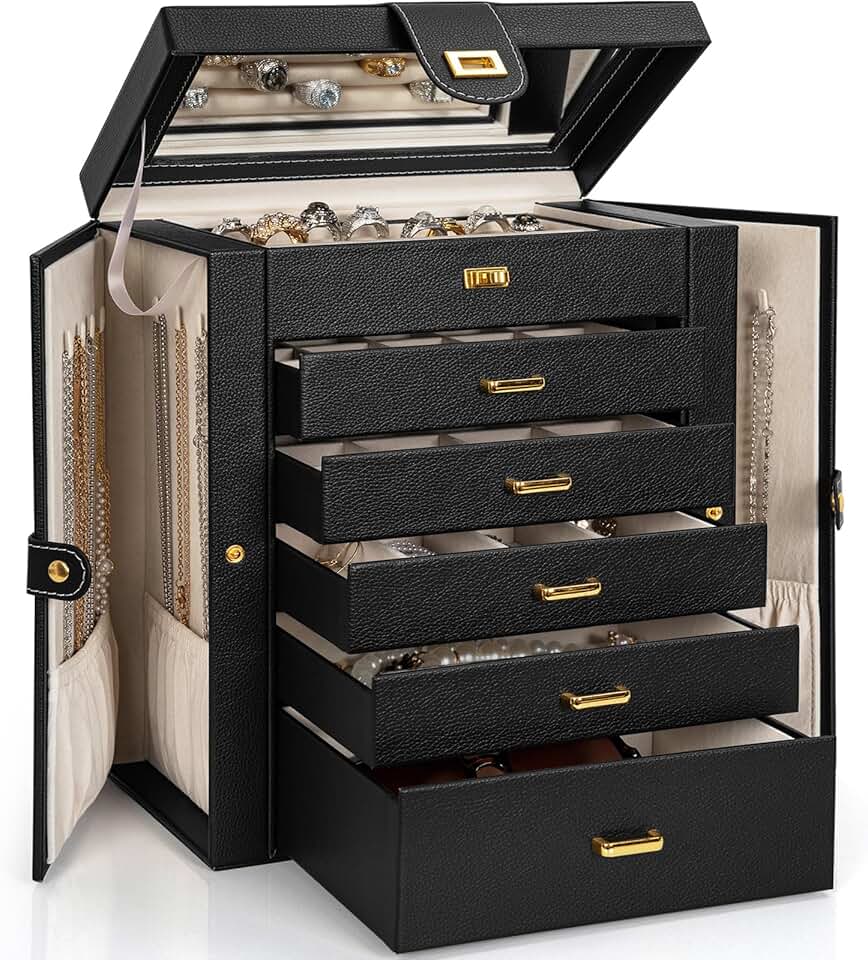 Large Lockable Leather Jewelry Box with Mirror