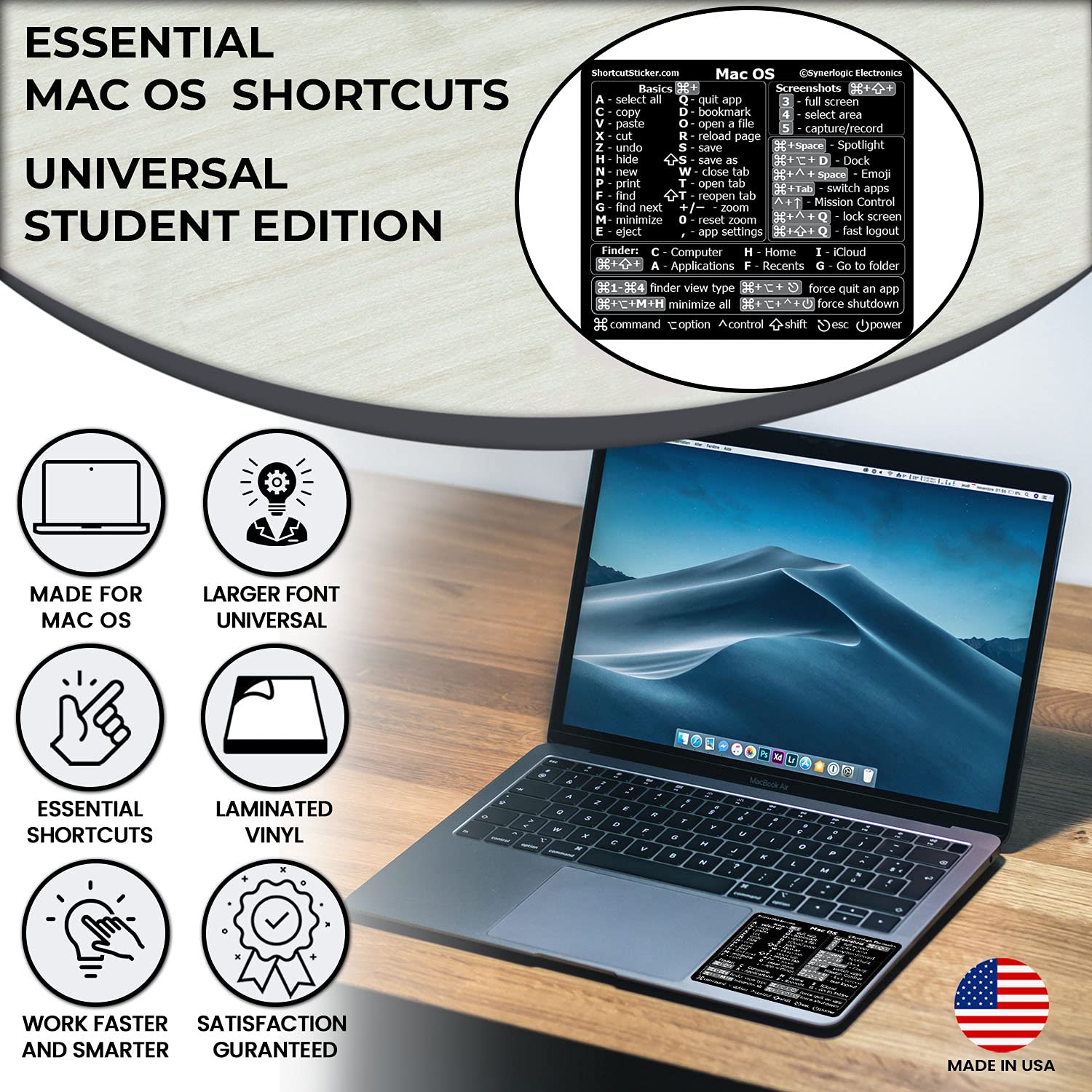 (Universal, Larger Font) Mac OS Reference Keyboard Shortcut Sticker, Student Edition, No-Residue Vinyl - for Any MacBook Air/Pro/iMac/Mini (Black)