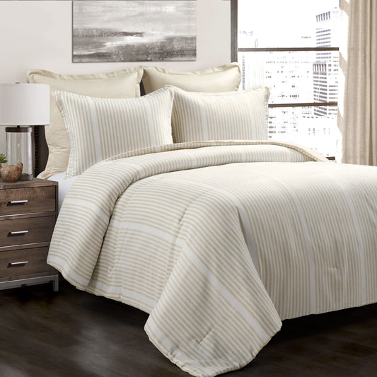 Farmhouse Drew Stripe Silver-Infused 5 Piece Comforter Set, Full/Queen, Neutral