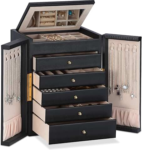 Large 5-Drawer Jewelry Organizer Box with Mirror
