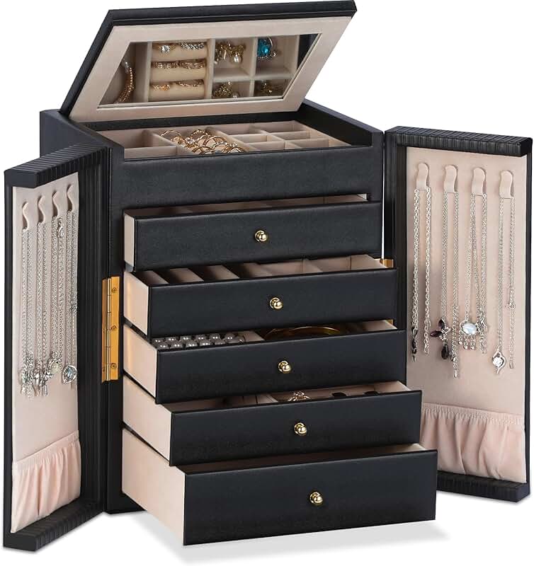 Large 5-Drawer Jewelry Organizer Box with Mirror