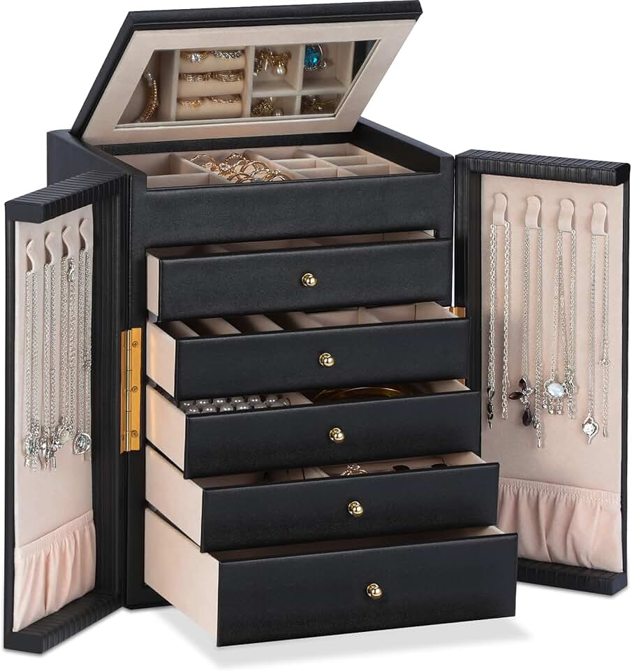 Large 5-Drawer Jewelry Organizer Box with Mirror