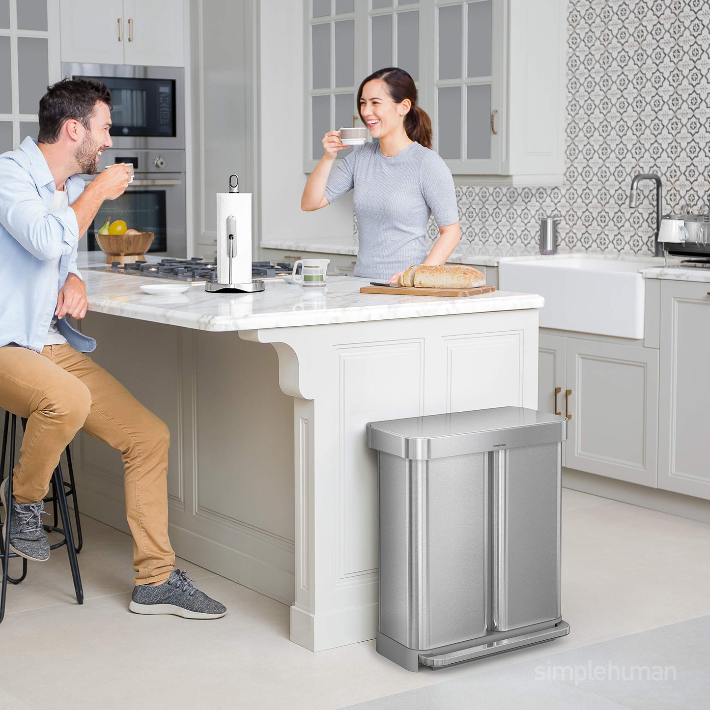 58 Liter  15.3 lon Rectangular Hands-Free Dual Compartment Recycling Kitchen Step Trash Can with Soft-Close Lid, Brushed Stainless Steel