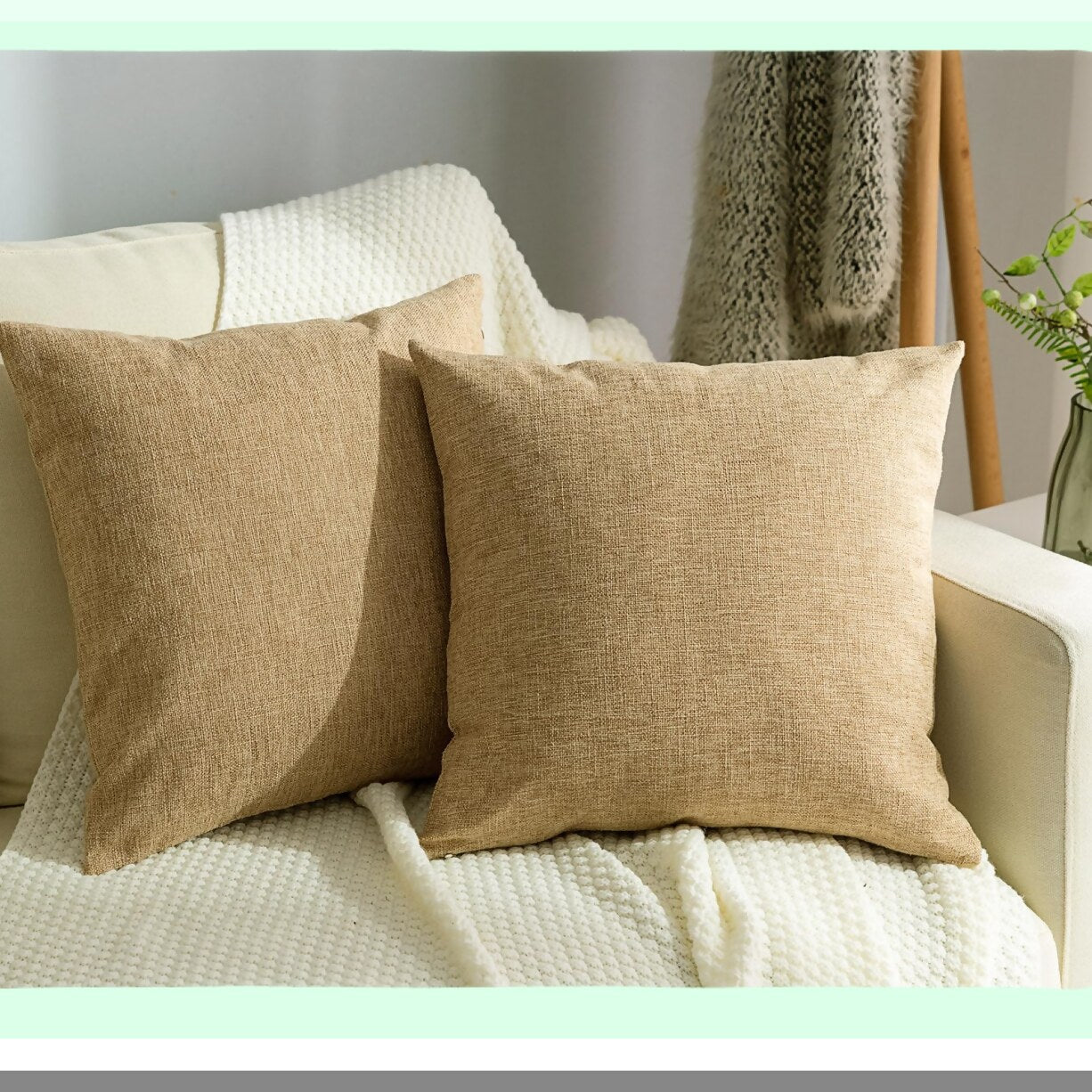 Rustic Linen Farmhouse Pillow Covers - Set of 2 Decorative Cushion Cases for Sofa, Couch, Bed & Chair - 22x22 Inch Natural Home Decor