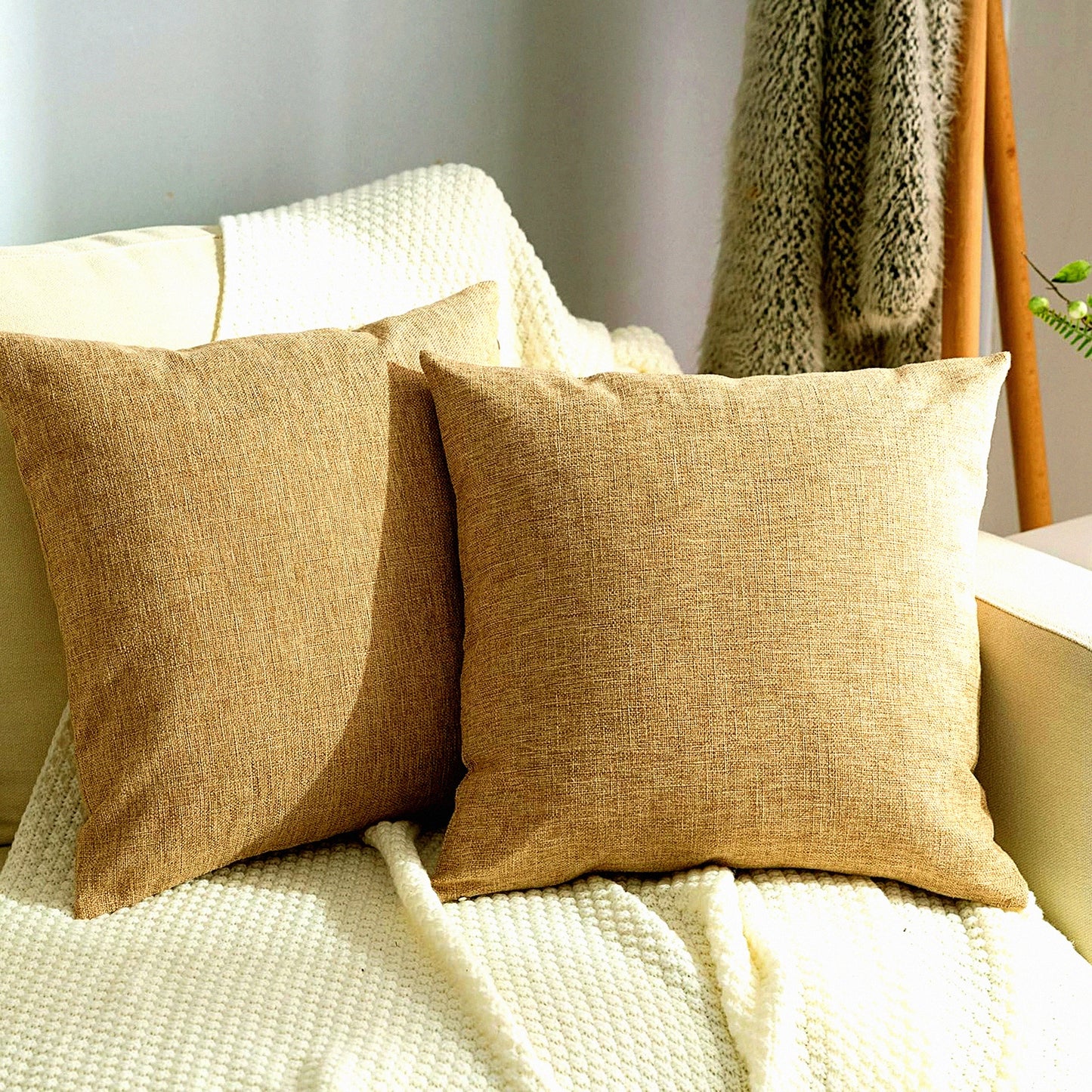 Rustic Linen Farmhouse Pillow Covers - Set of 2 Decorative Cushion Cases for Sofa, Couch, Bed & Chair - 22x22 Inch Natural Home Decor