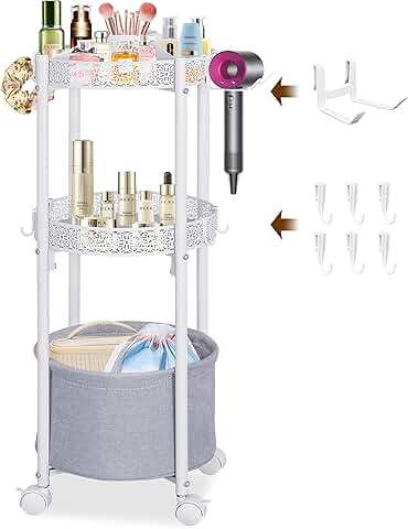 3-Tier Round Makeup Cart with Removable Hair Dryer Holder