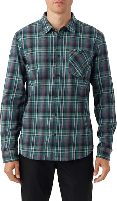 Men's plaid long sleeve flannel shirt in green and red