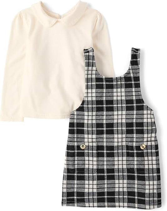 Baby Girl and Toddler Long Sleeve Top with Skirtall Dress, Black Plaid, 4 Years