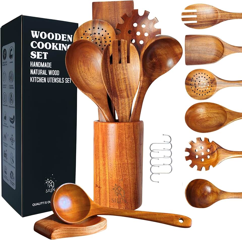 Set of 8 Wooden Cooking Spoons with Holder