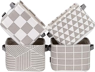 Foldable Grey and White Linen Storage Baskets Set of 4