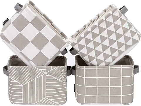 Foldable Grey and White Linen Storage Baskets Set of 4