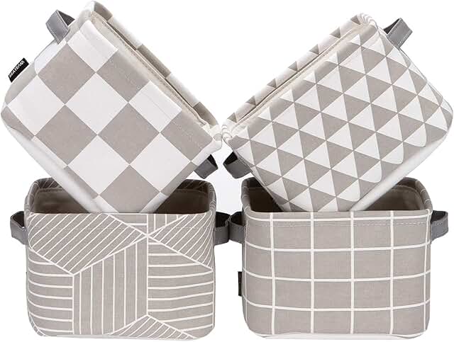 Foldable Grey and White Linen Storage Baskets Set of 4