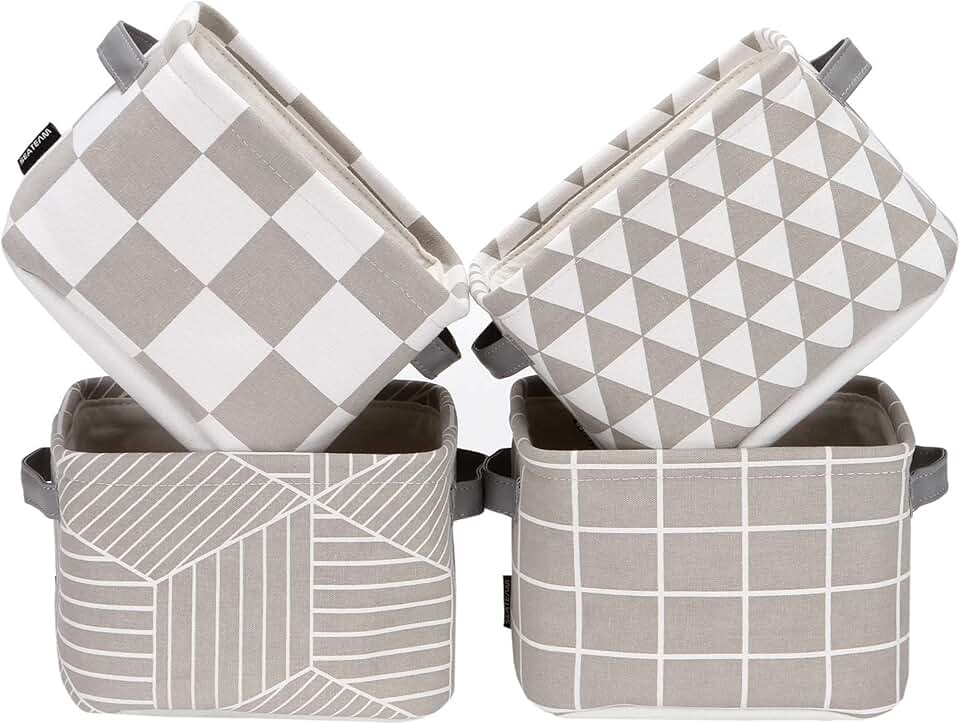 Foldable Grey and White Linen Storage Baskets Set of 4