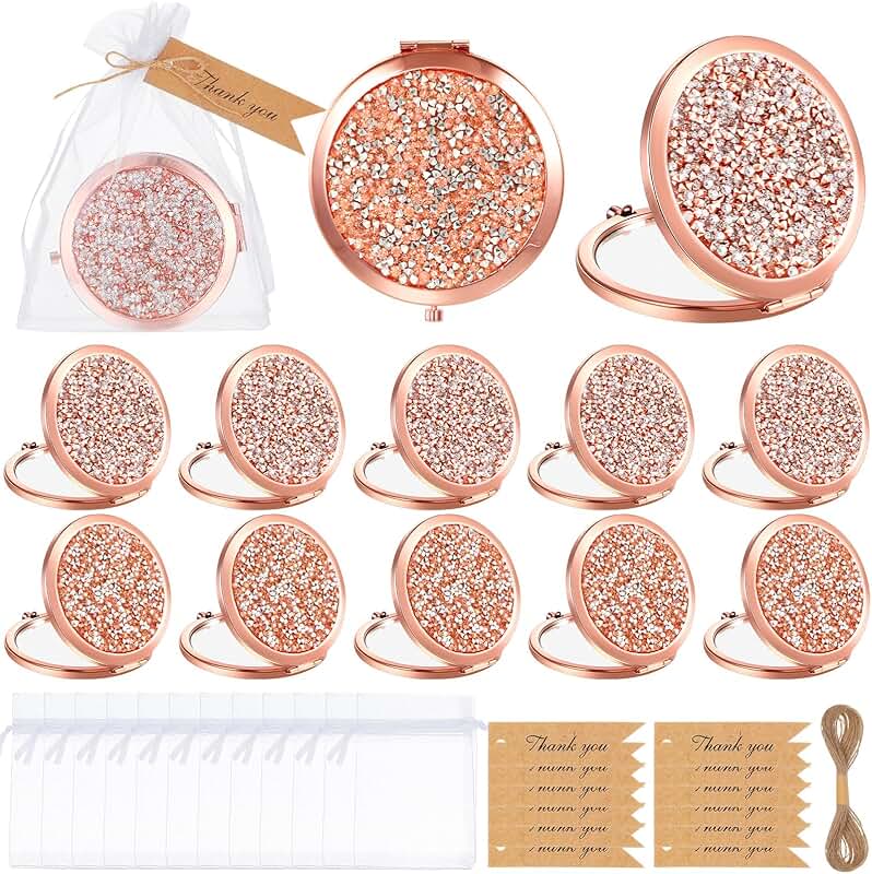 12 Small Round Compact Makeup Mirrors with Thank You Tags and Bags