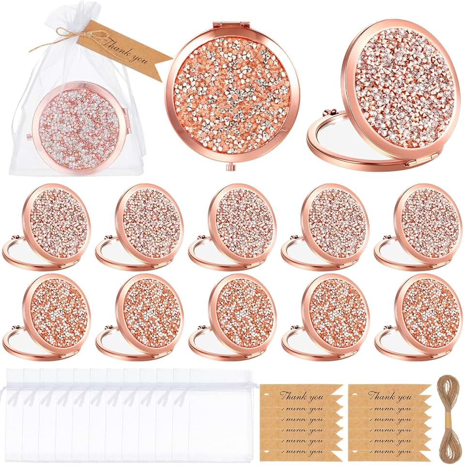 12 Small Round Compact Makeup Mirrors with Thank You Tags and Bags