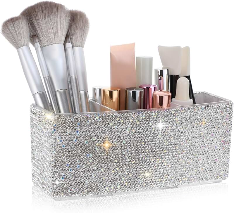 Elegant Rhinestone Makeup Organizer with Compartments