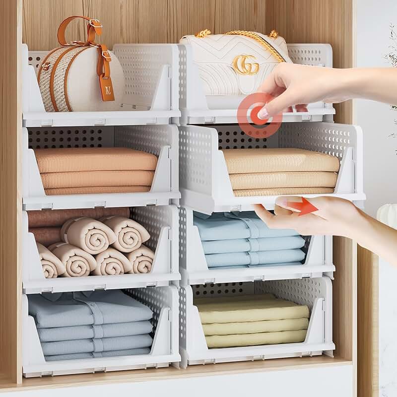 Set of five foldable plastic storage bins for clothing