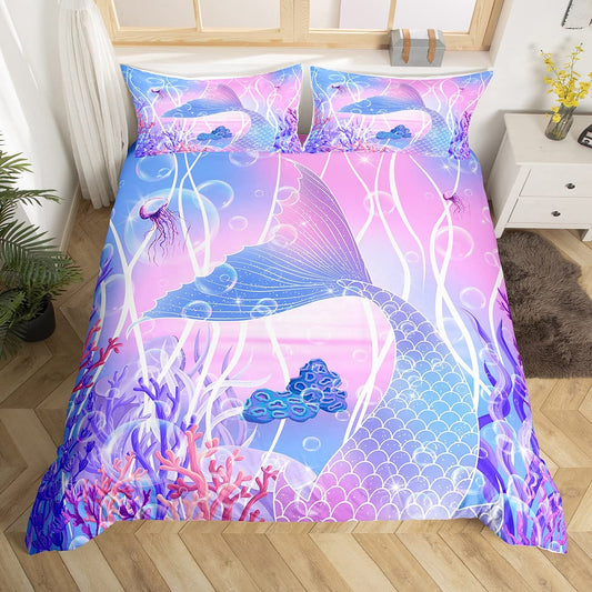 Mermaid Tail Bedding Set, l Sea Animal K aii Duvet Cover Twin Size for Kids Child,Fish Scale Comforter Cover Ocean Sealife Bed Sets Blue Purple Coral Se eed Bedroom Decor