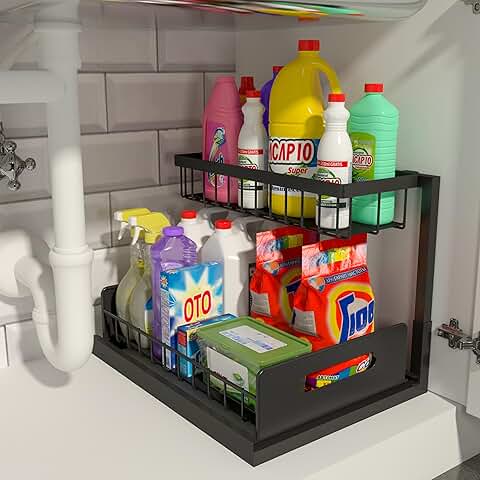 Under Sink Pull-Out Storage Shelf, 2 Tiers, Black