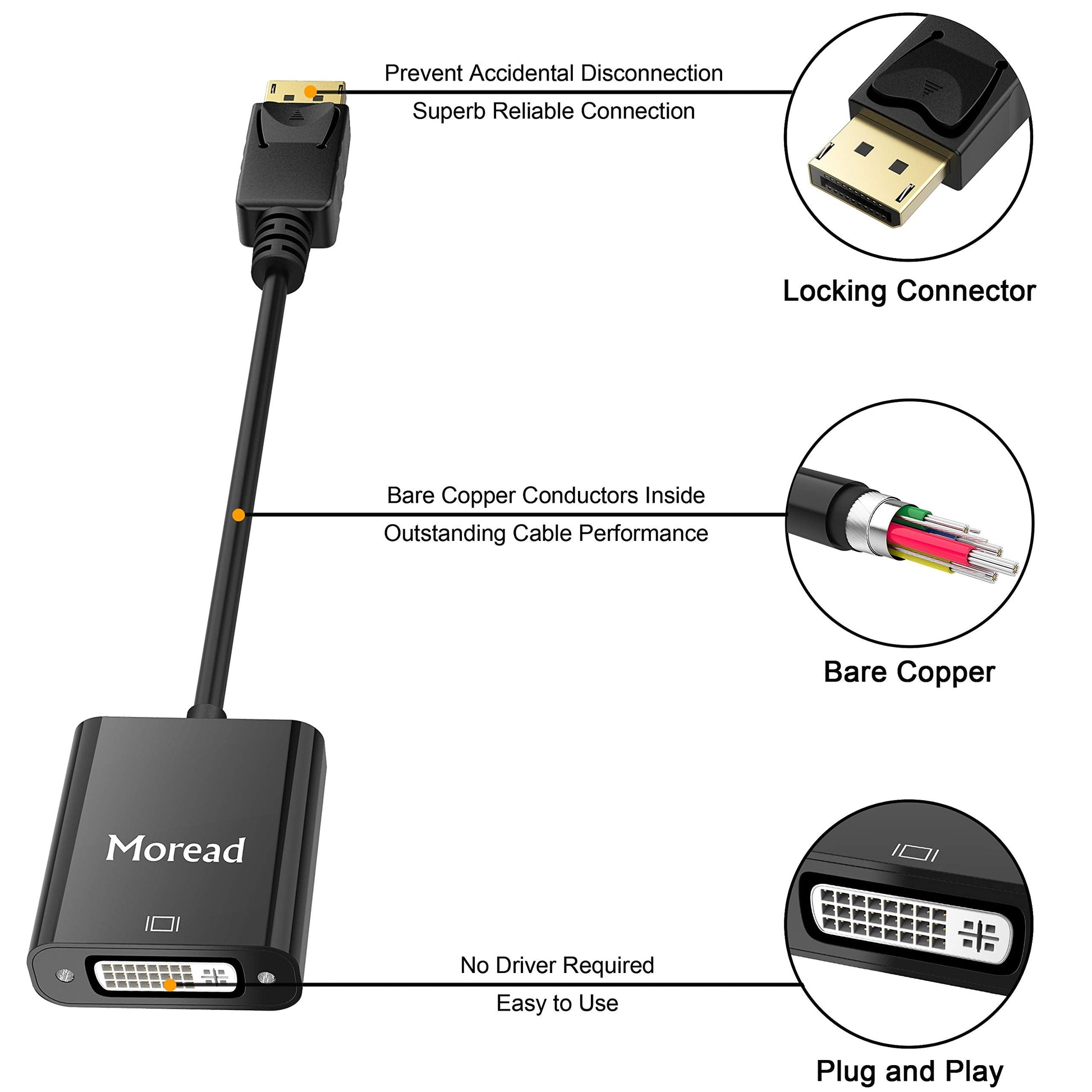 DisplayPort (DP) to DVI Adapter, Gold-Plated Display Port to DVI-D Adapter (Male to Female) Compatible with Computer, Desktop, Laptop, PC, Monitor, Projector, HDTV - Black