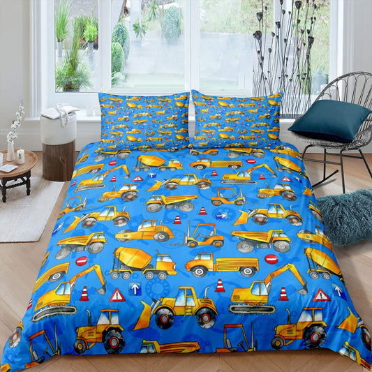 Kids Excavators Duvet Cover King Size Construction Tractor Comforter Cover Yellow Vehicle Bedding Set Toy Equipment Trucks Quilt Cover for Bedroom Decorative, Kids Car Theme Room,Blue