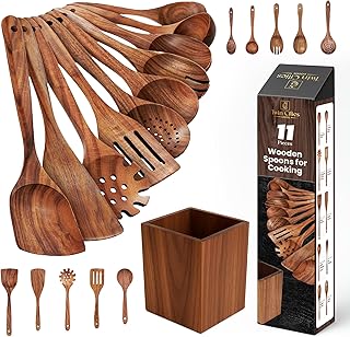 11-Piece Wooden Cooking Spoon Set with Holder