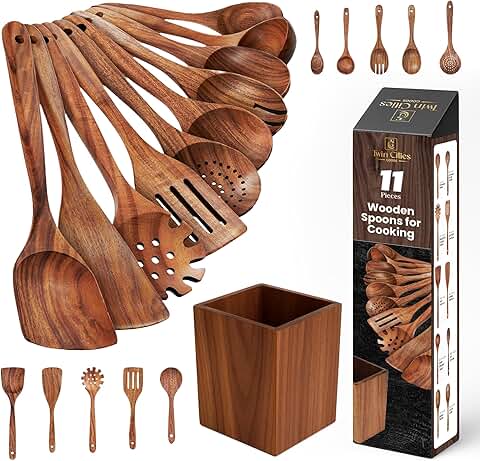 11-Piece Wooden Cooking Spoon Set with Holder