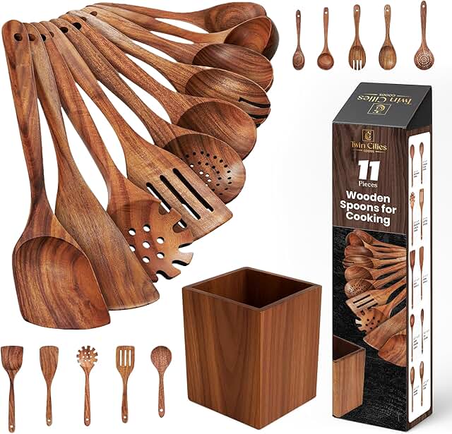 11-Piece Wooden Cooking Spoon Set with Holder