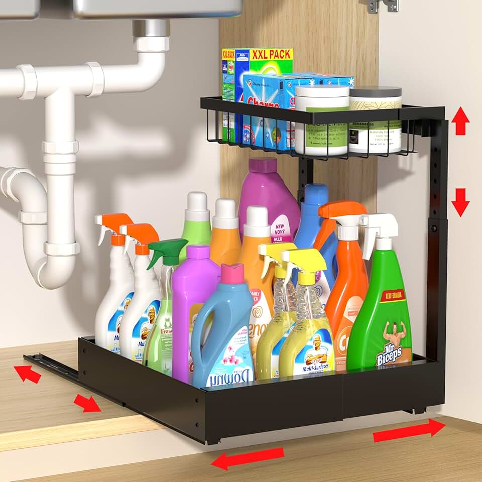 Adjustable 2-Tier Under Sink Organizer with Slide-Out Shelf