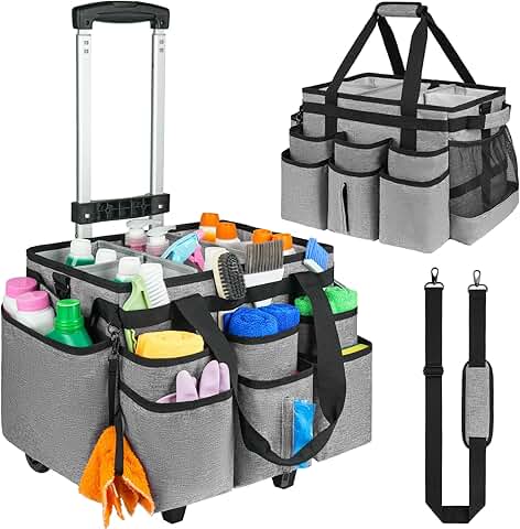 Large Rolling Cleaning Caddy with Trolley and Shoulder Strap